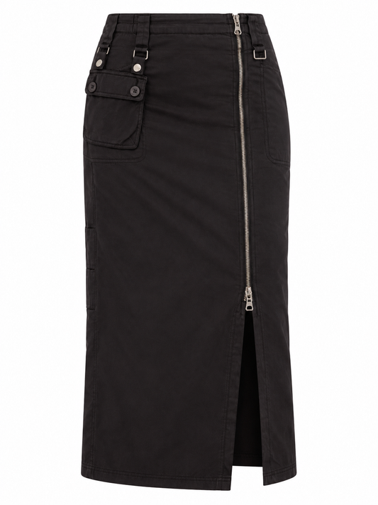 Vintage Y2K Gin Tonic Charcoal Grey Cotton-Blend Utility Zip-Front Midi Skirt - 40EUR
