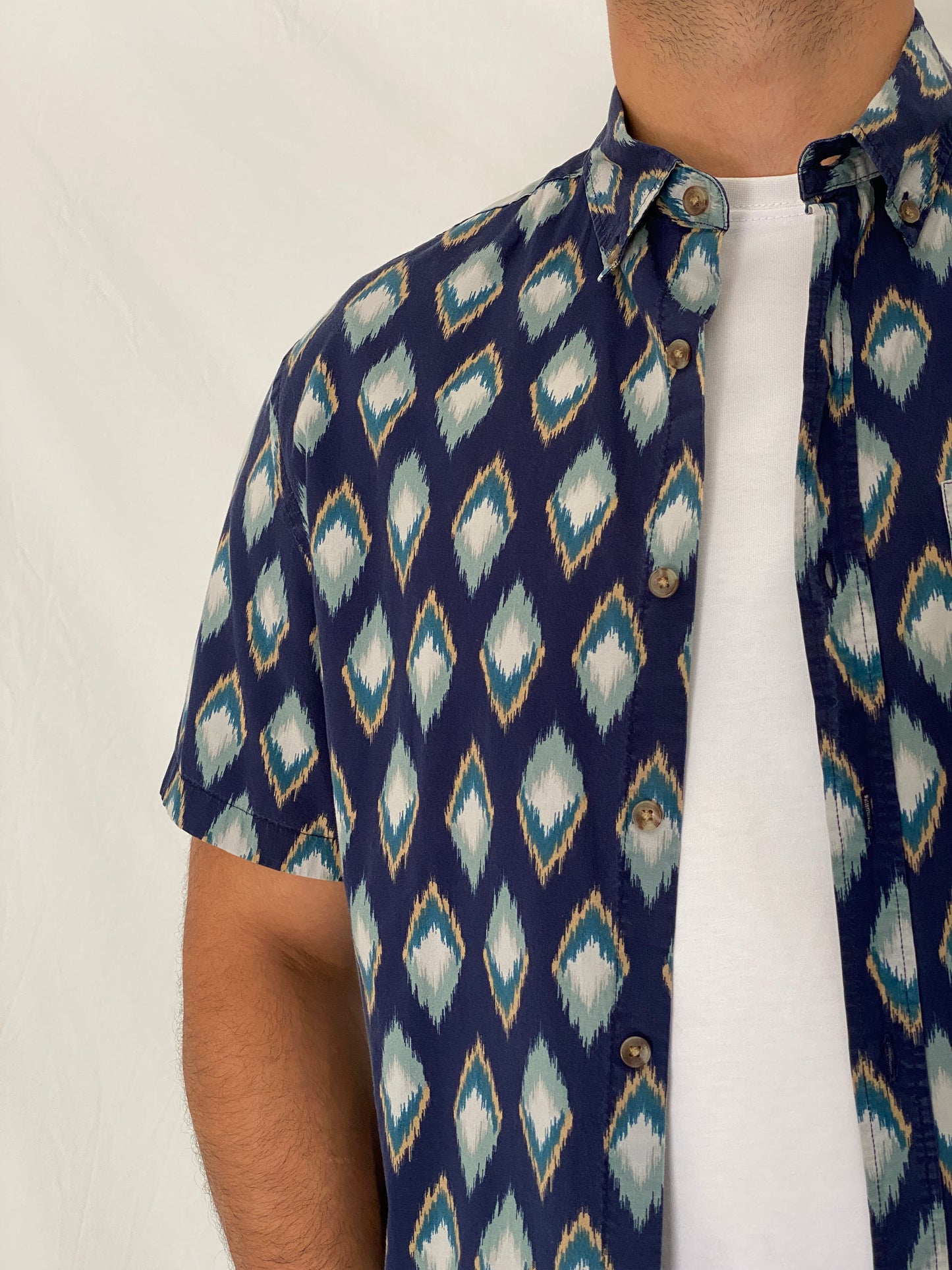 Vintage Y2K Old Navy Blue Ikat Print Button-Down Shirt - L