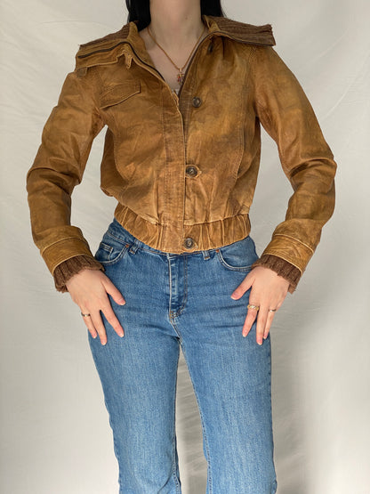 Y2K Jeim Basic Genuine Leather Tan Brown Distressed Cropped Jacket - S
