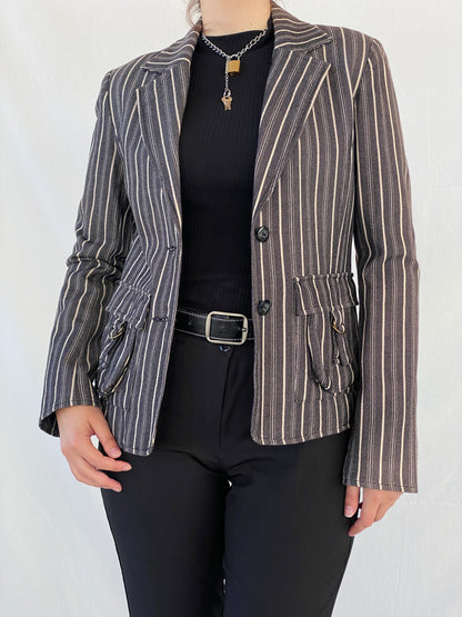 00s Vila Clothes Striped Black and White Women’s Cotton Blazer - L