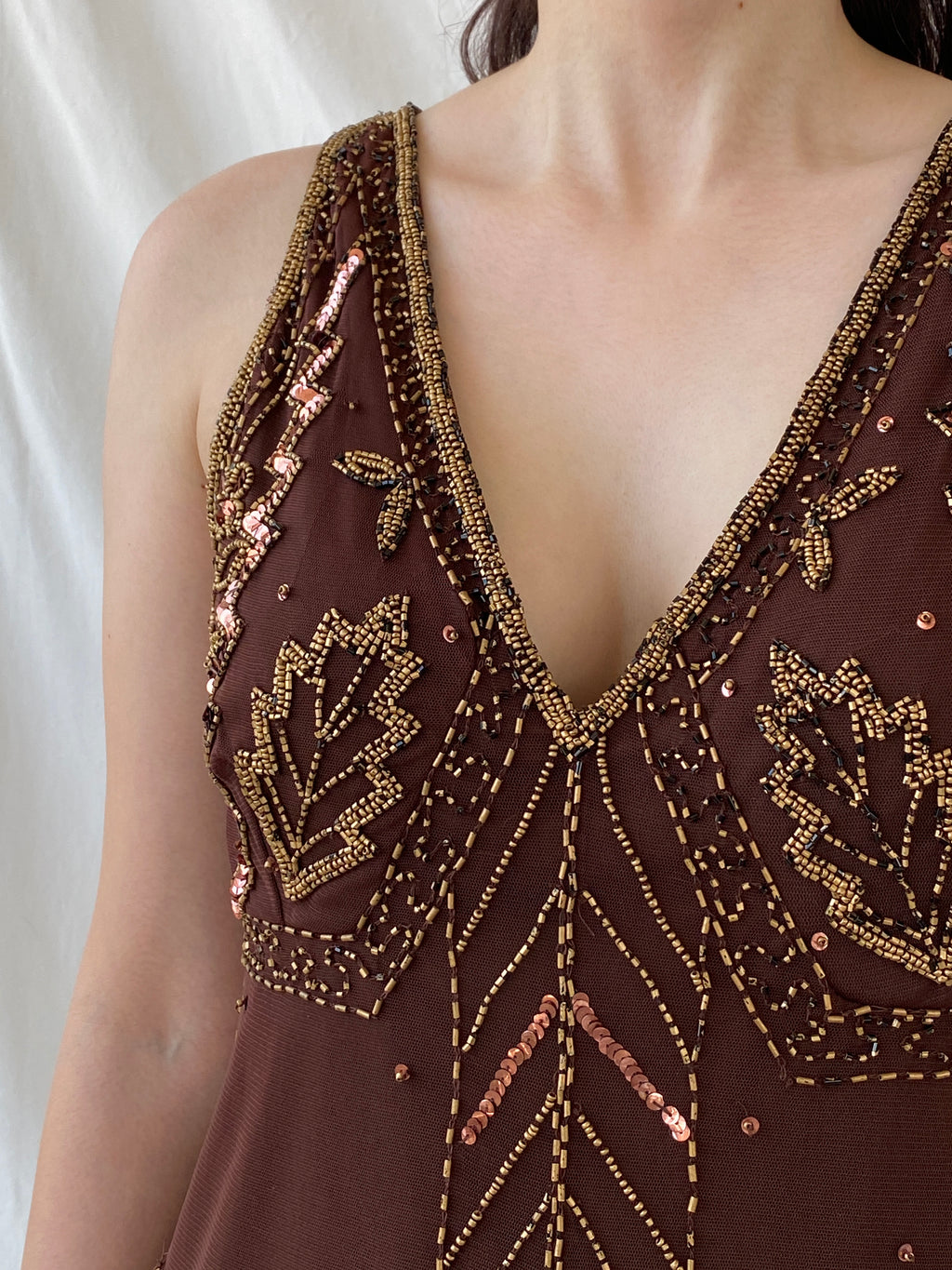 Vintage Wallis Brown Beaded Sequined Sleeveless Fairy Core Mesh Top - L