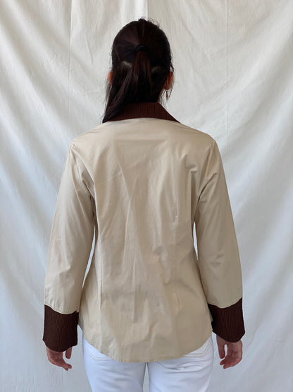 Vintage Y2K Sem Beige Patchwork Full Sleeve Button Up Shirt - L
