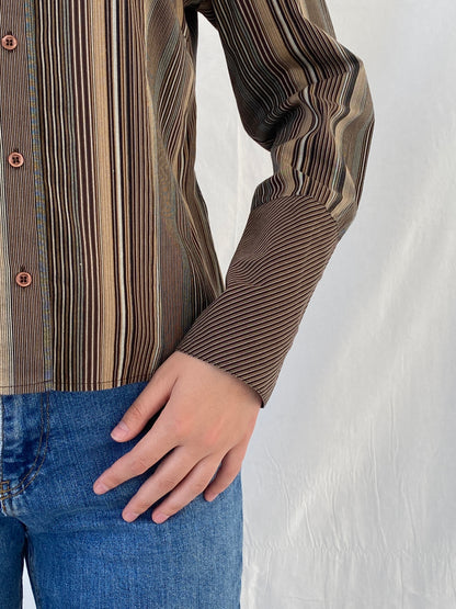 Vintage Taifun Collection Striped Brown Long Sleeve Office Shirt - M