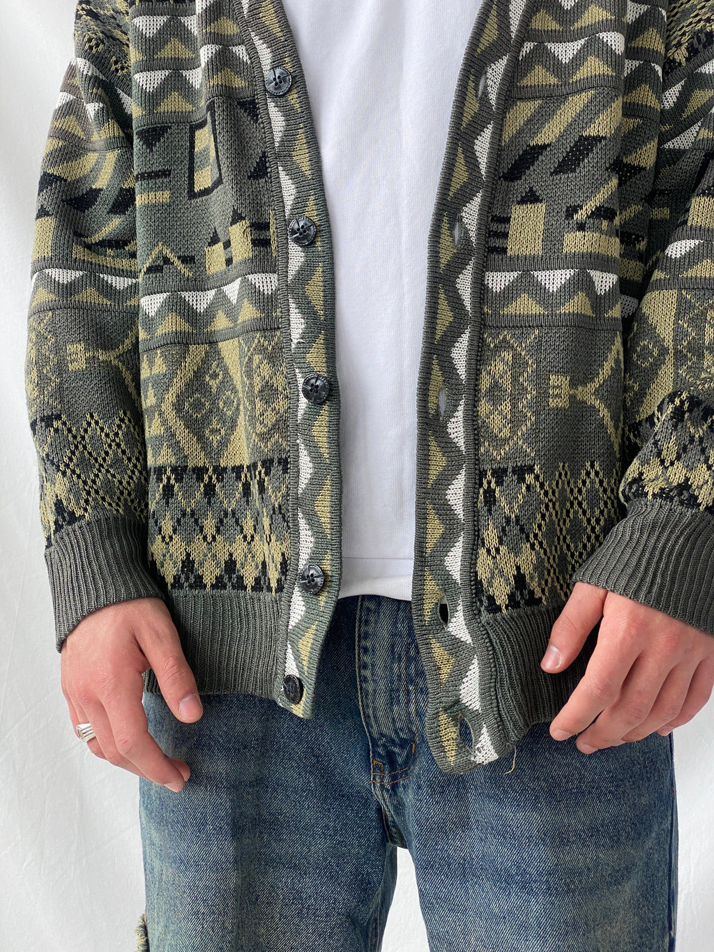 Vintage Geometric Print Men’s Cardigan Sweater - L