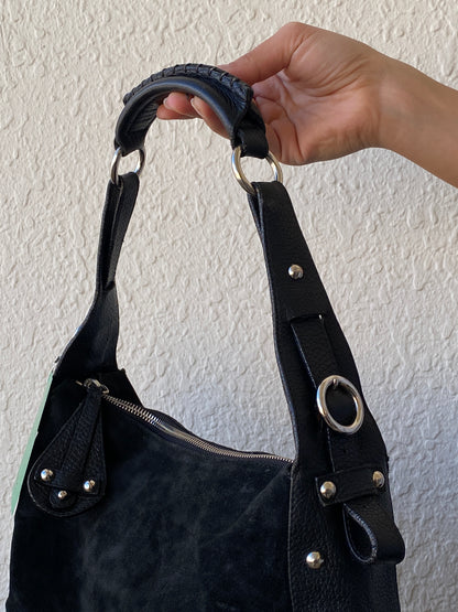 Vintage FURLA Genuine Suede Patent Leather Black Hobo Shoulder Bag