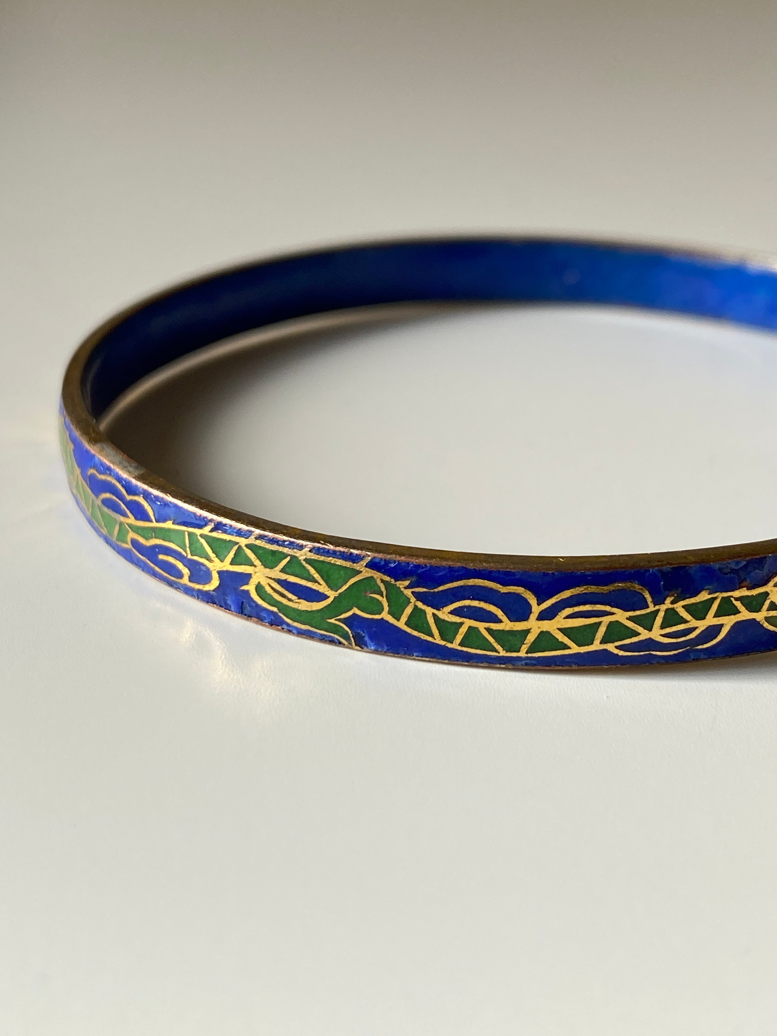 Vintage Blue Cloisonné Enamel Bangle Bracelet Gold Tone Floral Asian Style