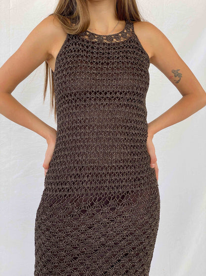 Vintage Glitz By Nexus Crochet Midi Brown&Gold Dress - Balagan Vintage Midi Dress 00s, 90s, crochet, dress, midi dress, Mira, NEW IN