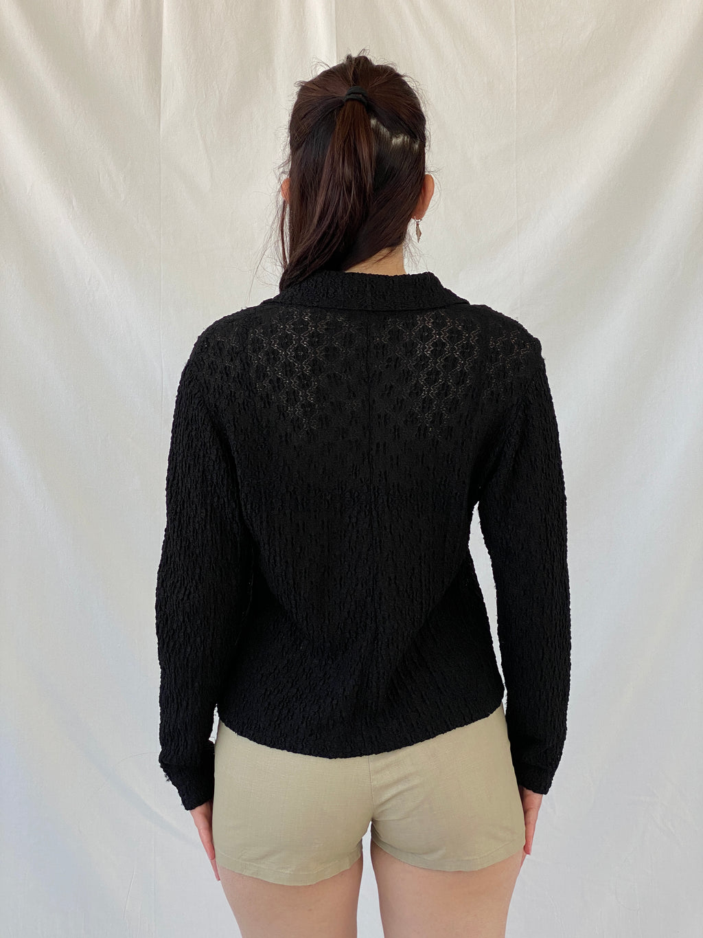 Vintage Black Crinkle Knit Cardigan Textured Long Sleeve Shirt - M