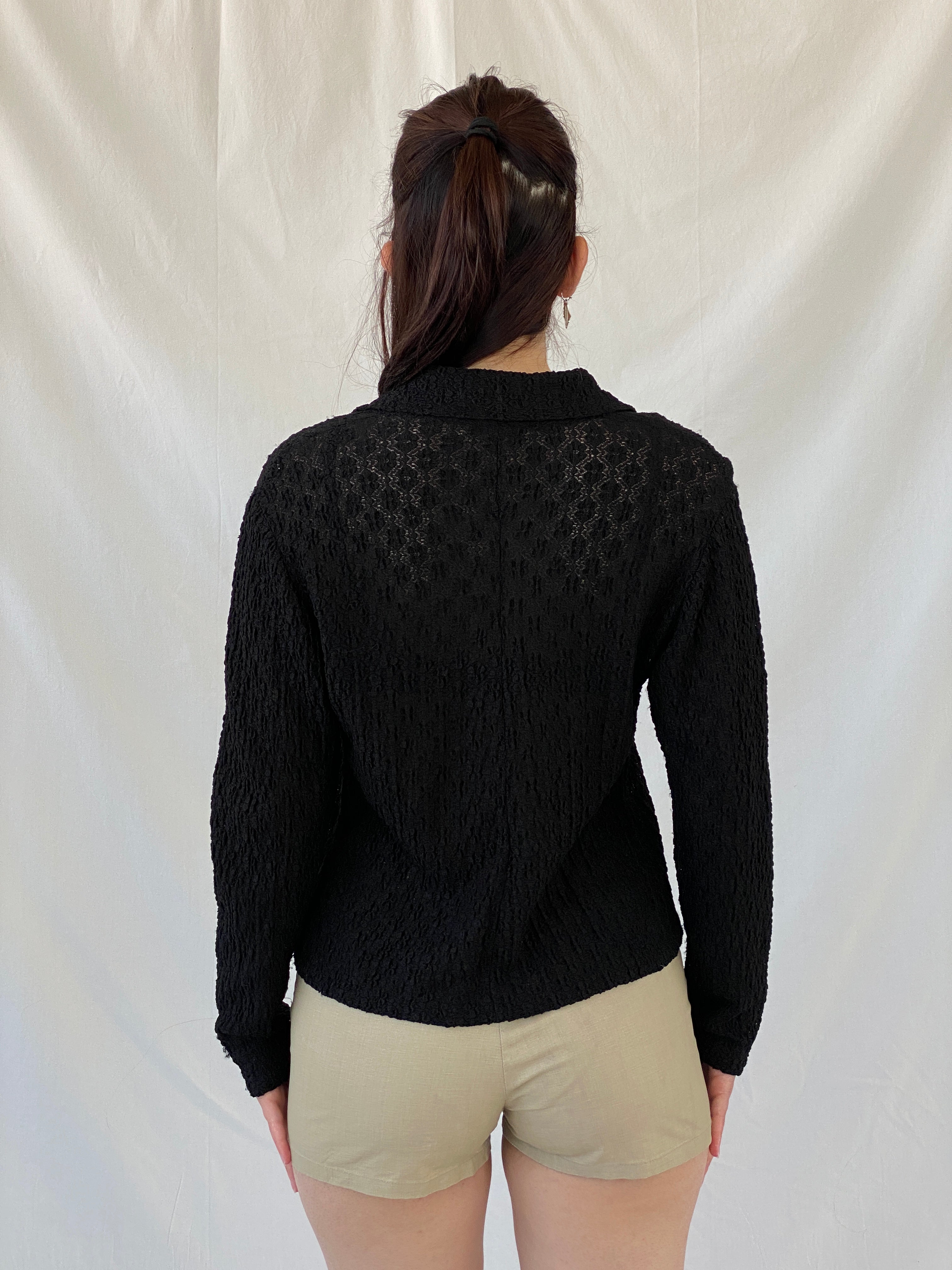Vintage Black Crinkle Knit Cardigan Textured Long Sleeve Shirt - M