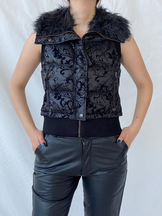 Vintage Y2K Miss Sixty Black Puffer Vest With Faux Fur Collar - M