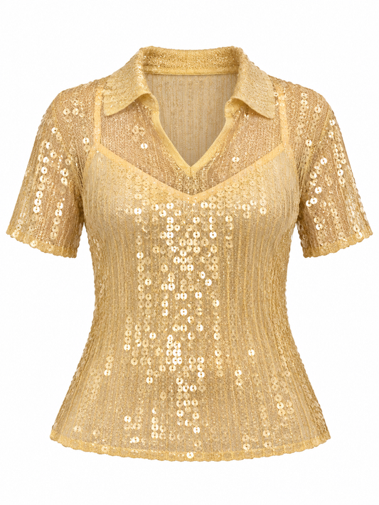 Y2K Zara Champagne Gold Sheer Mesh Sequin Collared Top - S