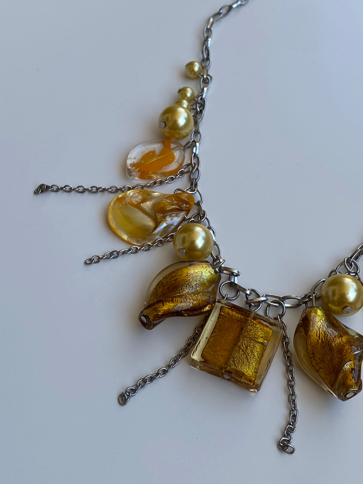 Vintage Y2K Silver-Tone Amber Glass & Faux Pearl Charm Necklace Vintage Y2K Silver-Tone Amber Glass & Faux Pearl Charm Necklace
