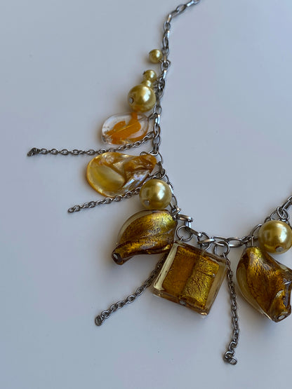 Vintage Y2K Silver-Tone Amber Glass & Faux Pearl Charm Necklace