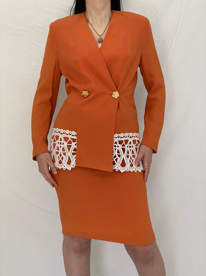 Statement Vintage Luigi Bruno Italian Orange Skirt Suit Set Tailored Blazer & Pencil Skirt - S