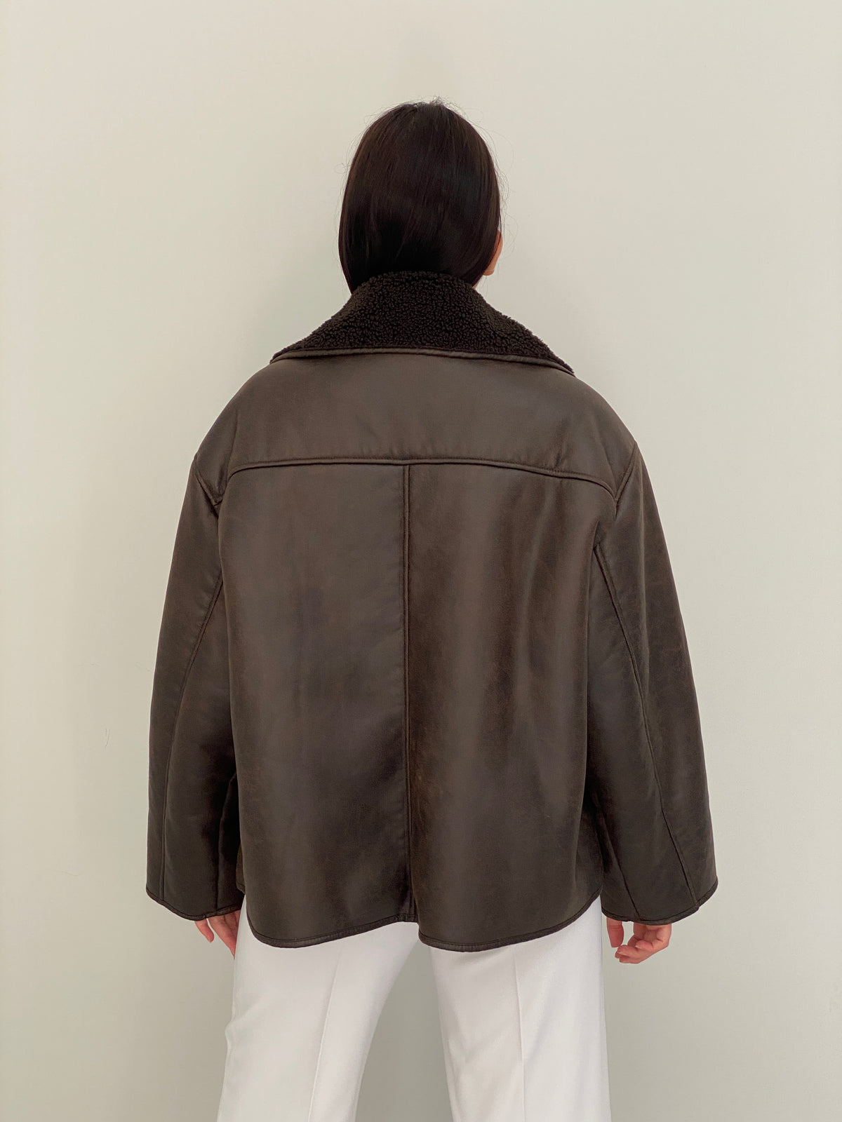 Chocolate Brown Faux Leather Shearling Aviator Jacket - L