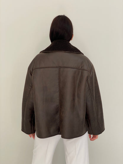 Chocolate Brown Faux Leather Shearling Aviator Jacket - L