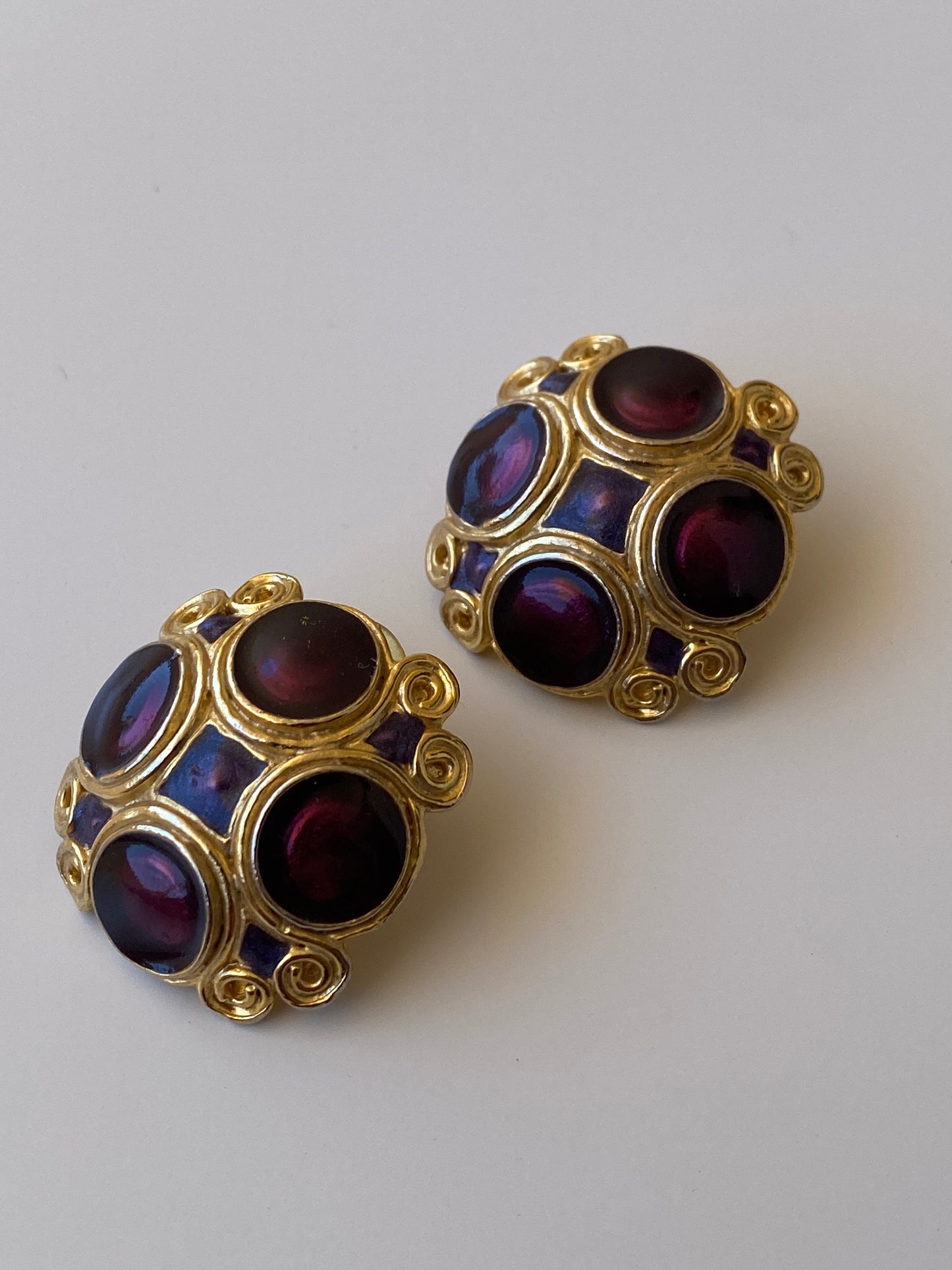 Vintage Jewel Tone Cabochon Stud Gold Tone Purple Statement Earrings