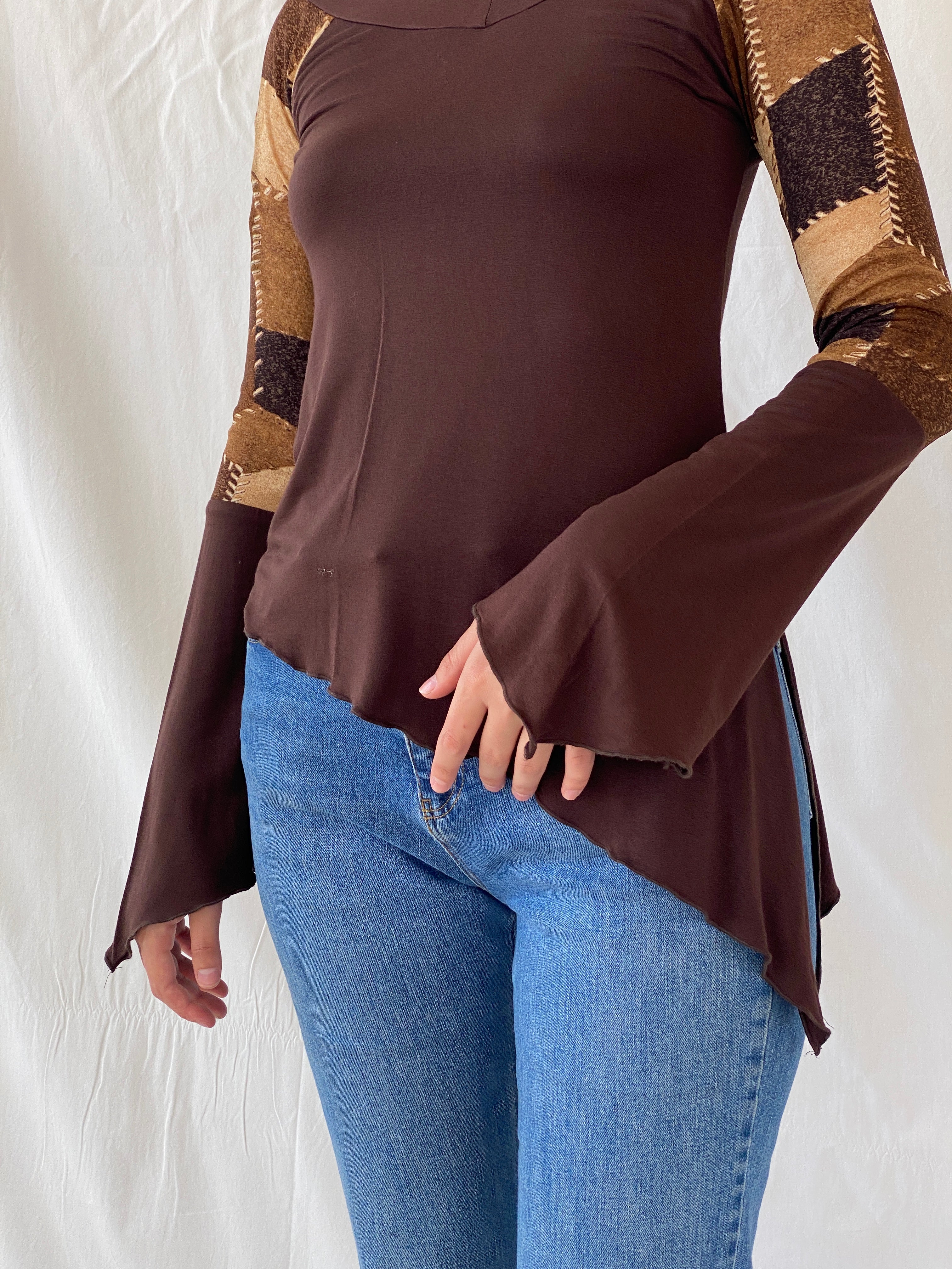 Vintage Natasiana Brown Flared Long Sleeve Asymmetric Women’s Top - S