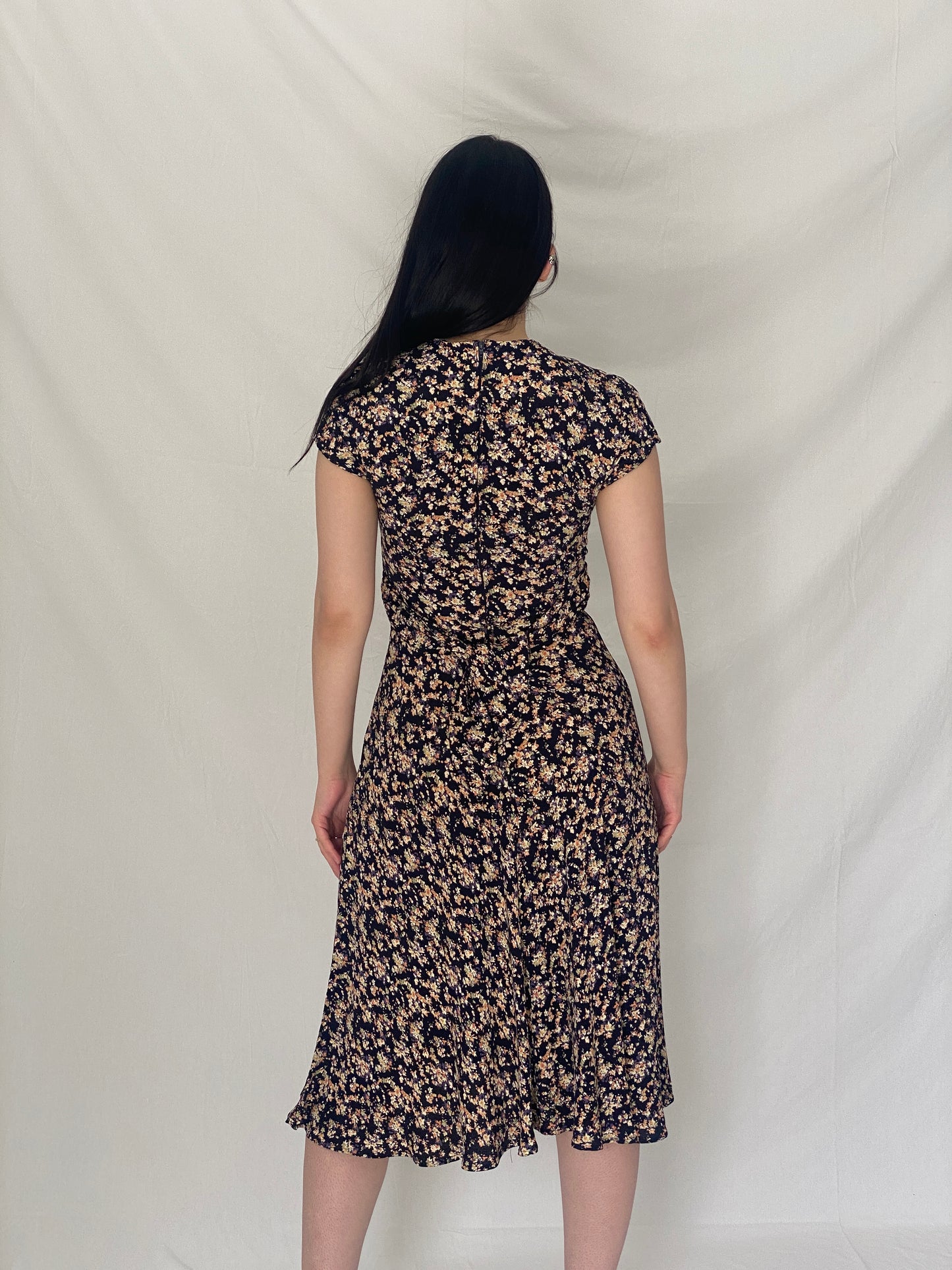 Vintage 90s Petite Sophisticate Black Floral Midi Dress with Tie Back - S