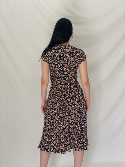 Vintage 90s Petite Sophisticate Black Floral Midi Dress with Tie Back - S