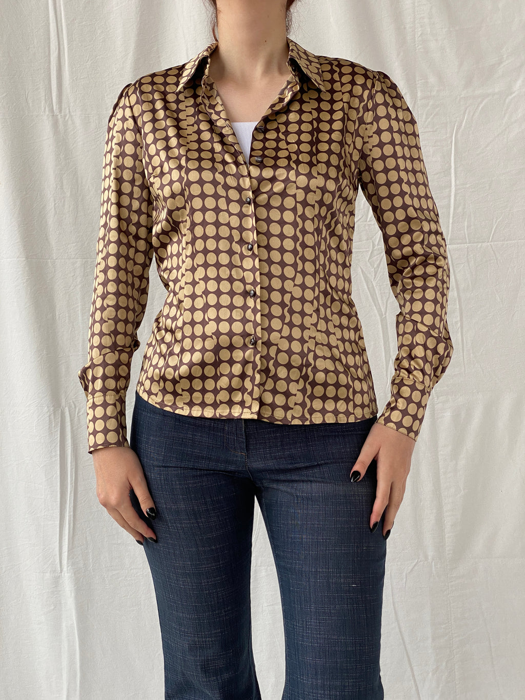 Beautiful Apart Brown Beige Polka Dot Buttoned Long Sleeve Women’s Shirt - S