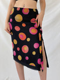 Vintage 1990s Louis Féraud Silk Dot Midi Black Groovy Skirt with Colorful Circles and Side Slits - M
