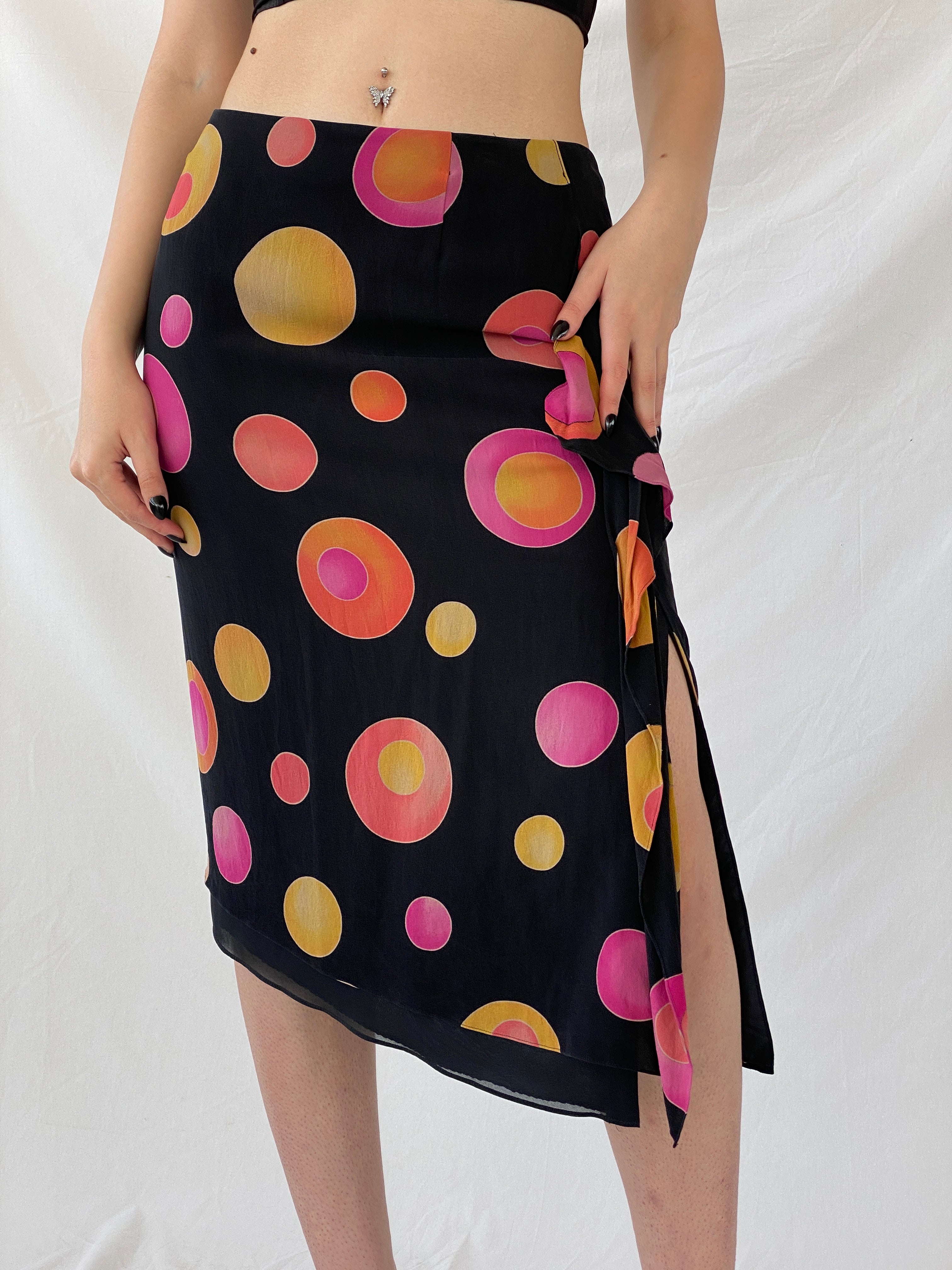 Vintage 1990s Louis Féraud Silk Dot Midi Black Groovy Skirt with Colorful Circles and Side Slits - M
