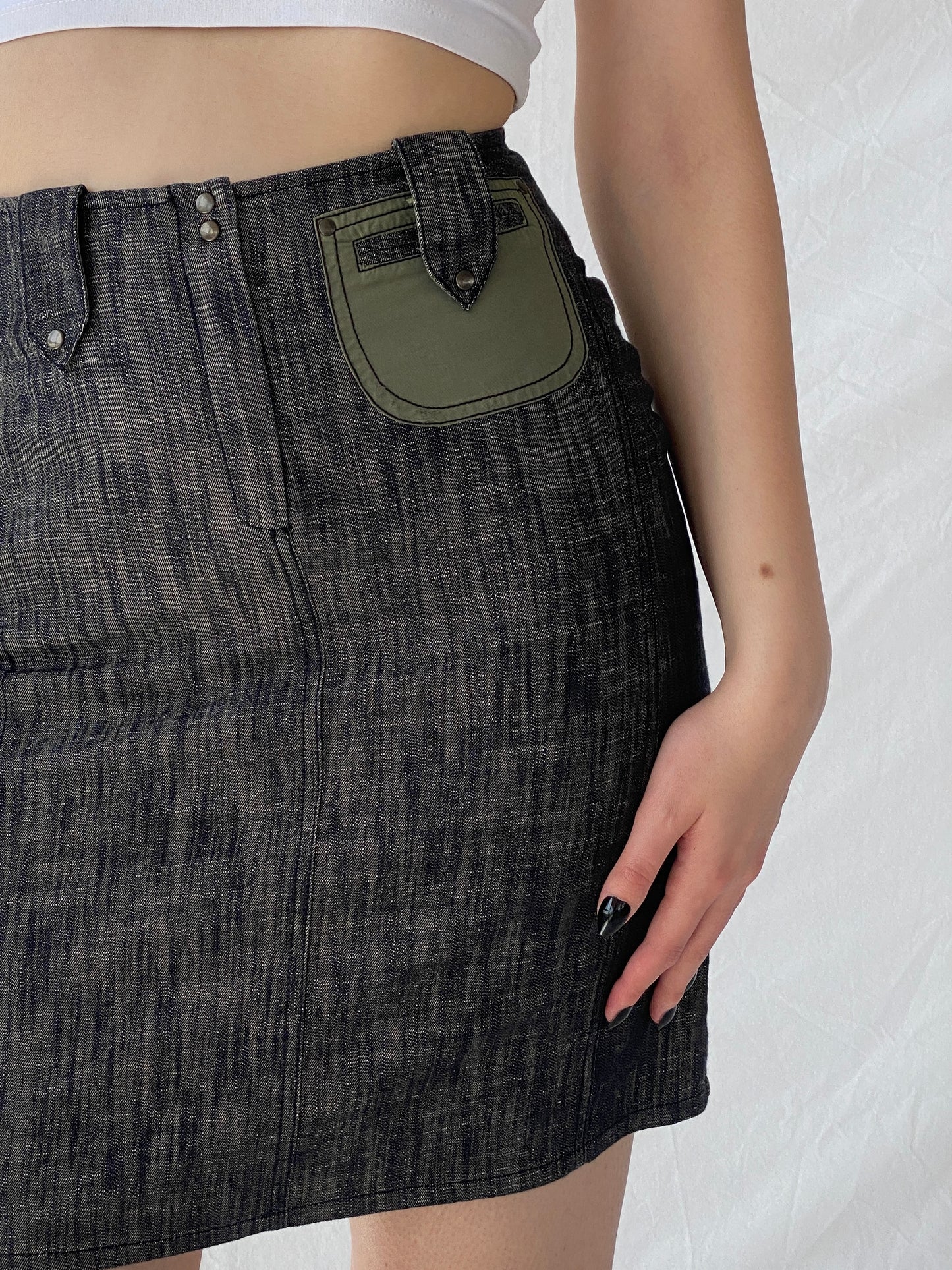 Vintage Jacqueline Riu Black Crystal-Cut Denim Mini Skirt - S