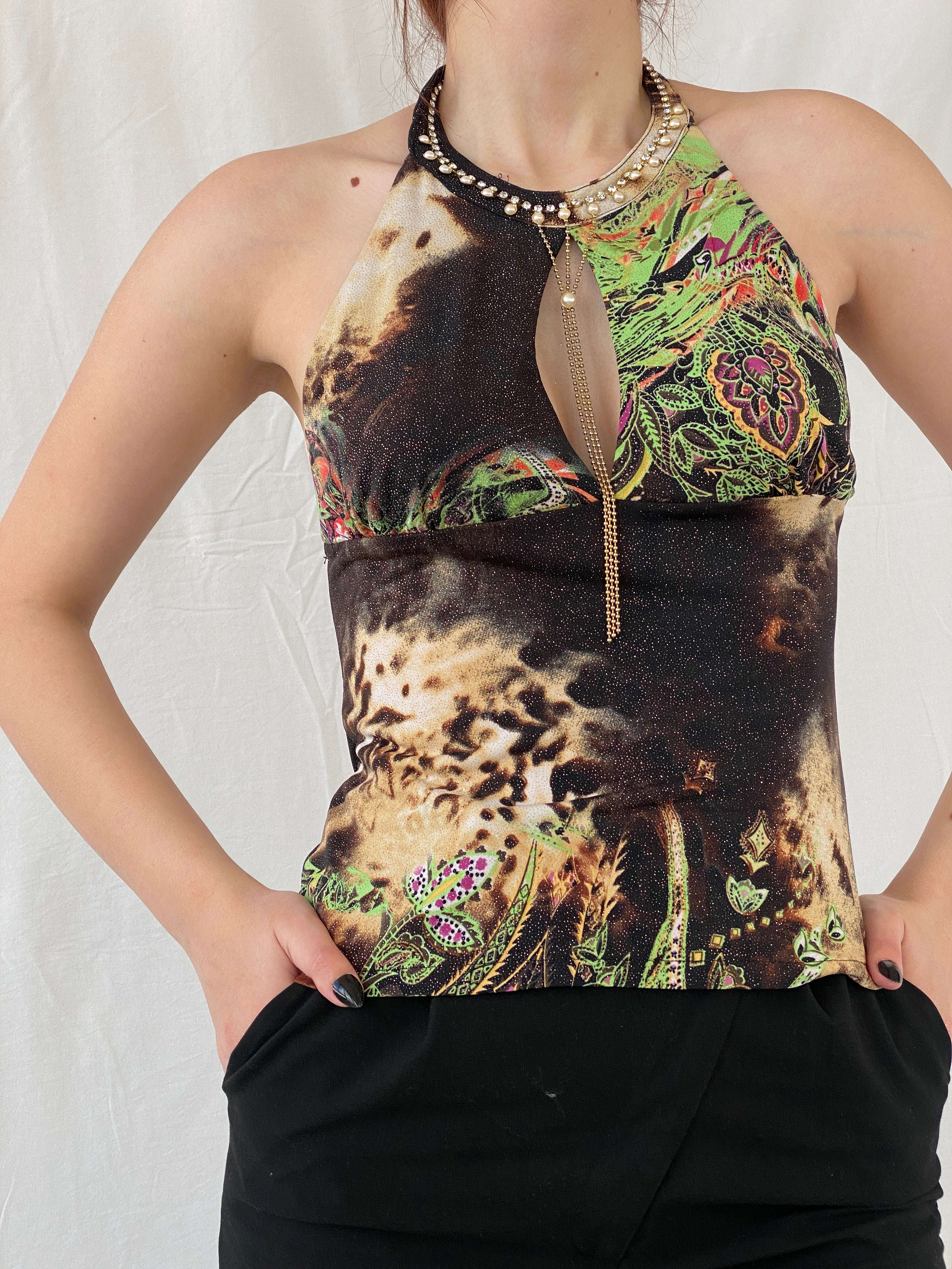 Y2K Zizi Shimmery Paisley Print Embellished Party Halter Top - M