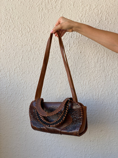 Vintage Handmade African Leather Purse Brown Floral Embossed Shoulder Bag