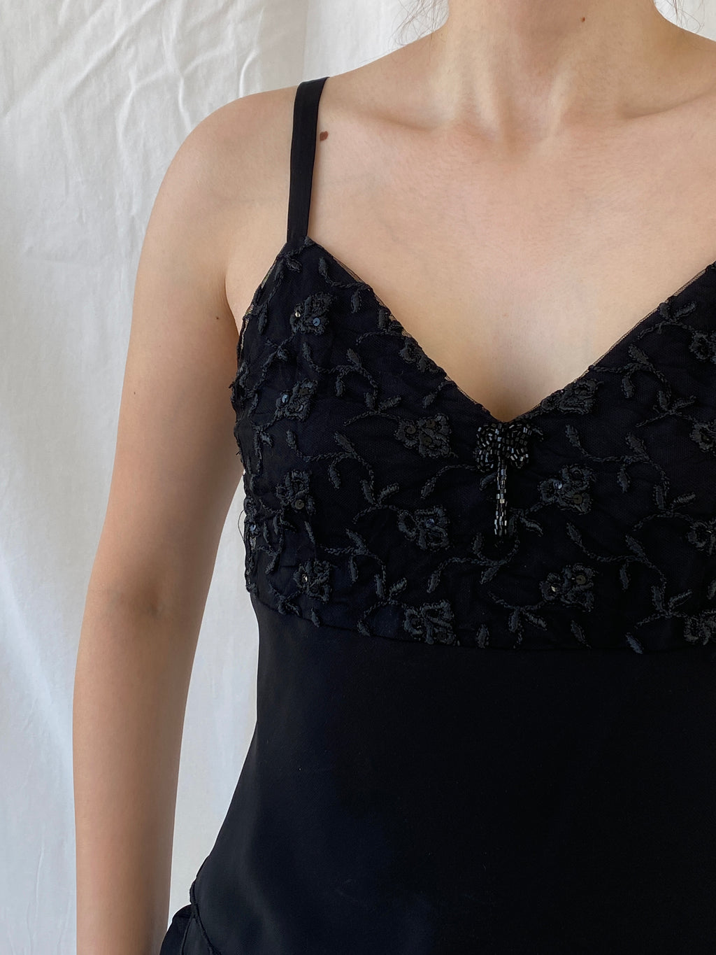 Vintage Black Embroidered Chiffon Camisole Beaded Cami Top - M