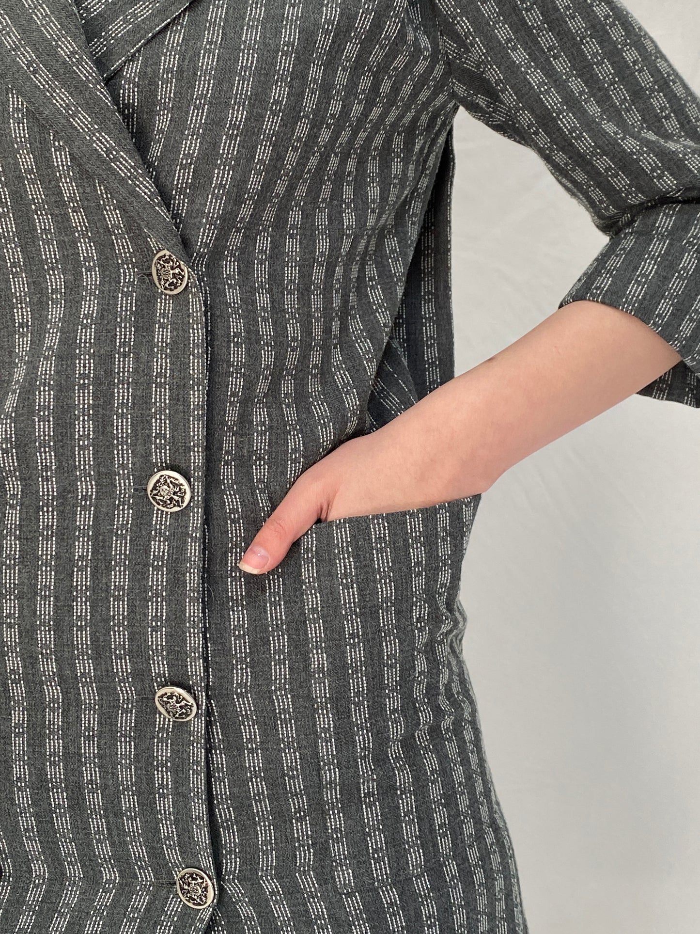 Vintage Leslie Fay Petites Gray Textured Double Breasted Blazer Dress - S