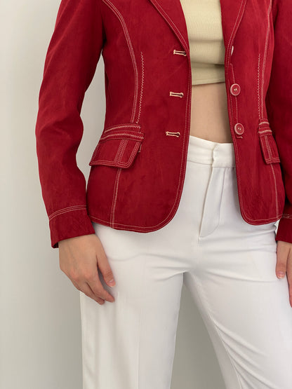Vintage Baroness Woman Red Faux Suede Contrast Stitch Tailored Blazer – L