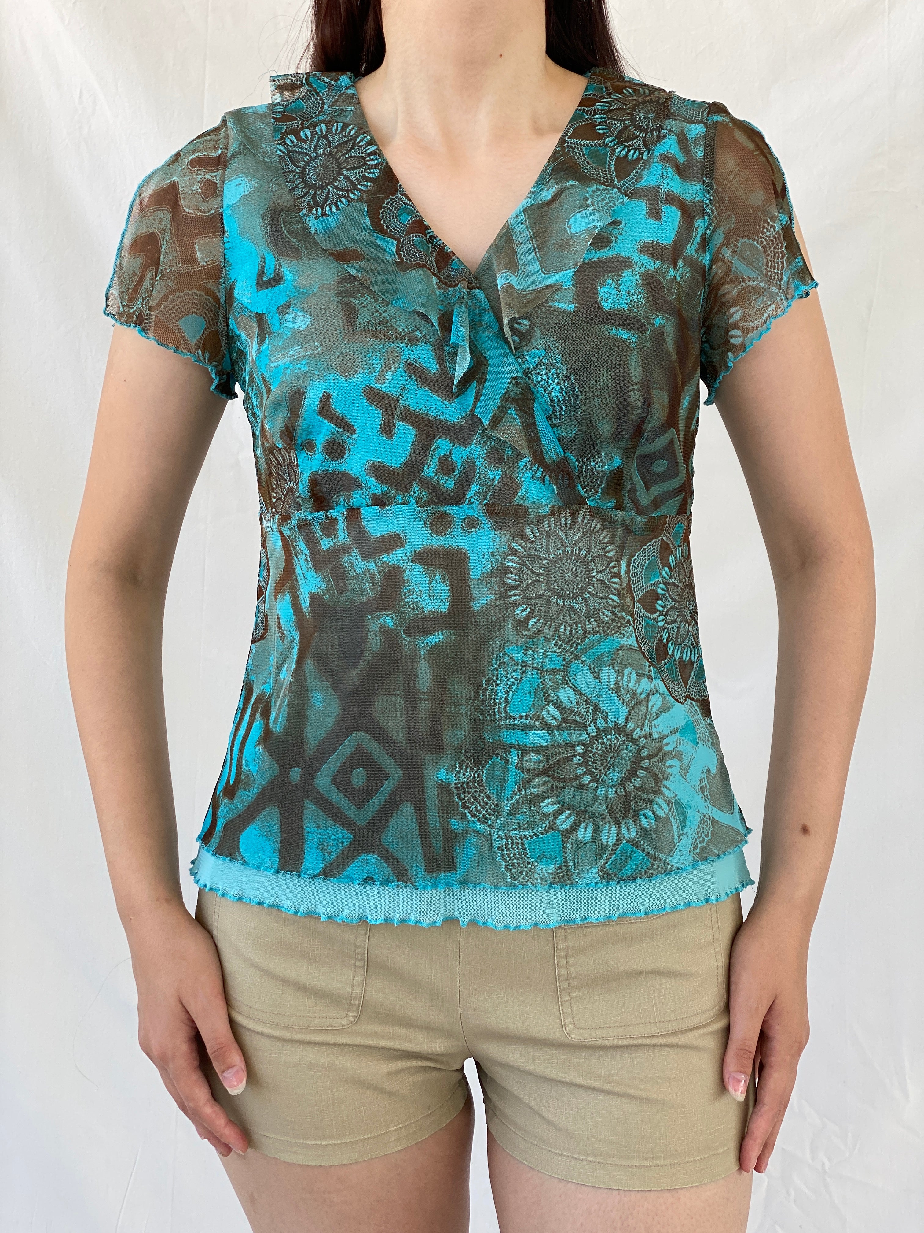 Vintage 90s Liberty Island Graphic Blue Brown Floral Ruffle Neckline  Mesh Top - L