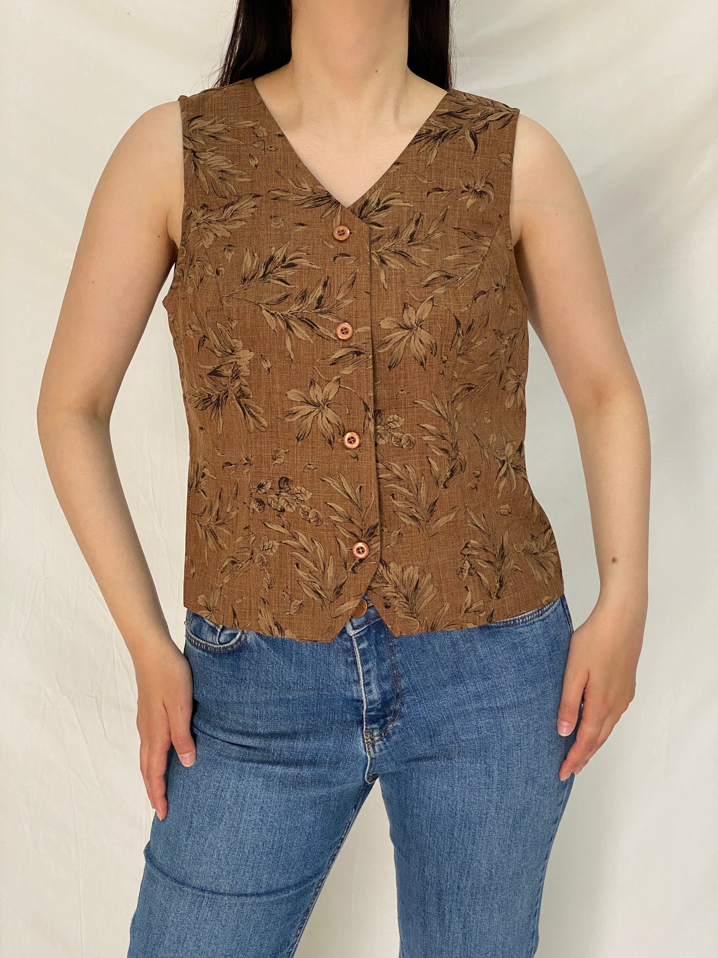 Vintage 90s SAG HARBOR Brown Floral Sleeveless Top Cottagecore Vest – L