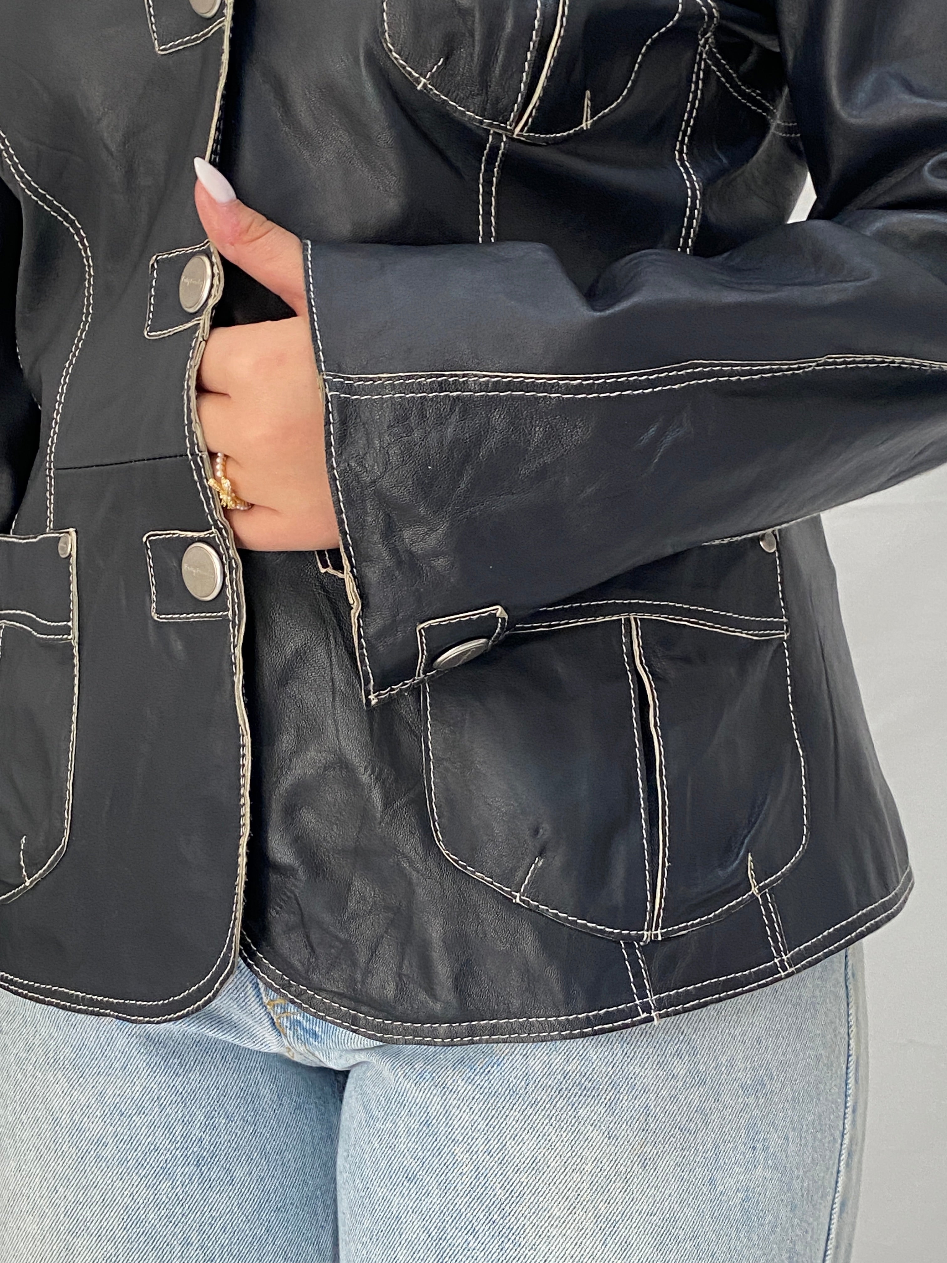 Vintage Betty Barclay Genuine Leather Jacket Dark Navy Contrast Stitch Blazer Style - L