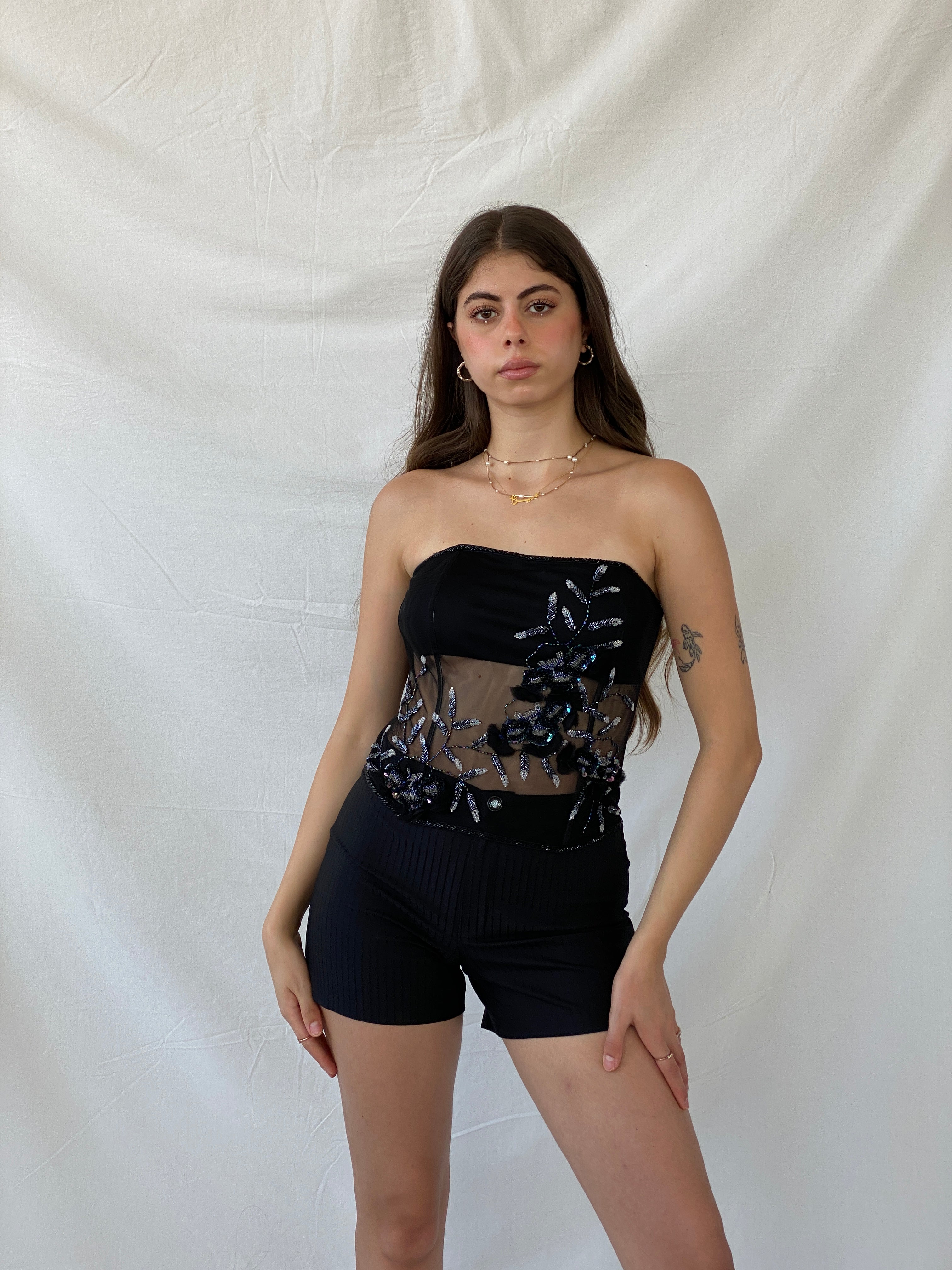 كورسيه أسود شفاف شبه مزين بالخرز من التسعينيات - مقاس صغير