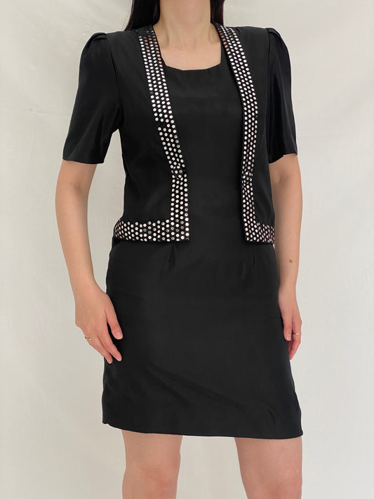 Vintage 90s Black Minimalist Shift Dress with Polka Dot Trim Detail - S