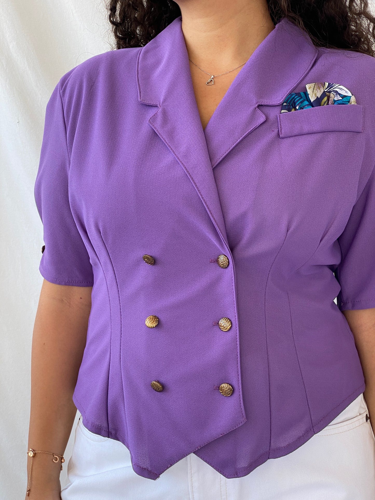 Vintage 90s Pleat Half-Sleeve Purple Buttoned Women’s Blazer - L