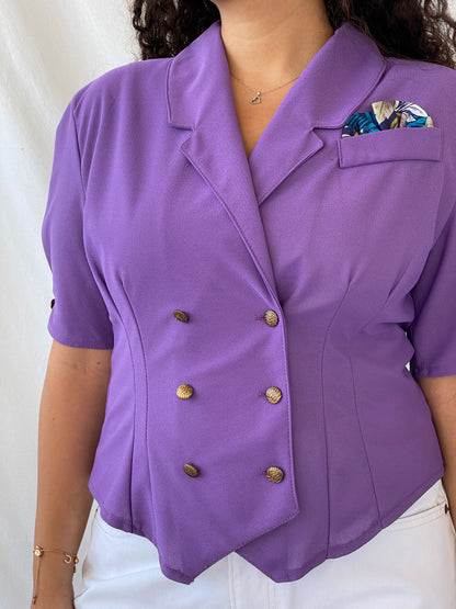 Vintage 90s Pleat Half-Sleeve Purple Buttoned Women’s Blazer - L