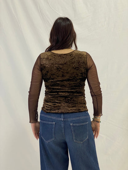 Vintage Brown Beaded Velvet Whimsy Top with Mesh Sleeves – S