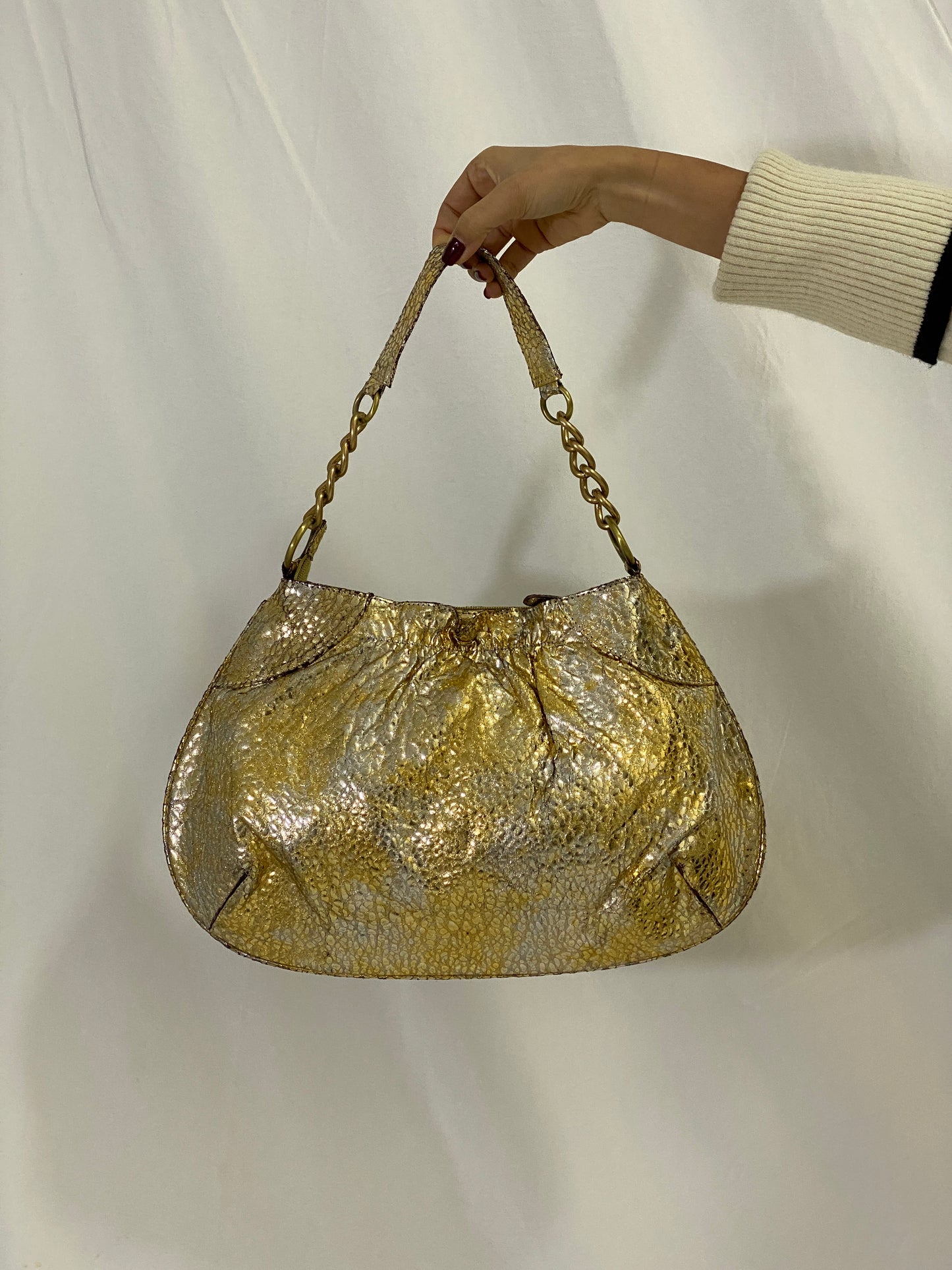 Vintage Gold & Silver Purse Metallic Faux Leather Shoulder Bag with Chain Strap