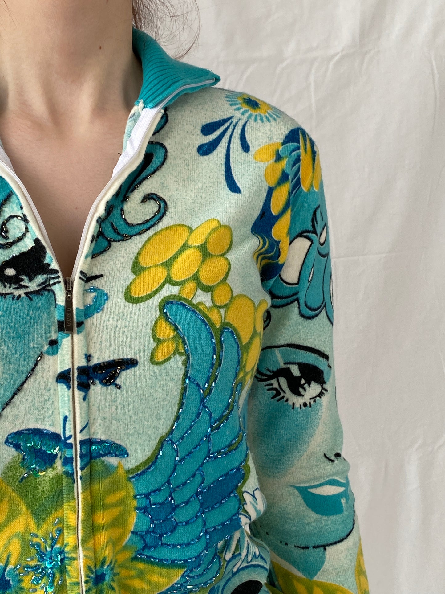 Rare Vintage Noun Paris Graphic Blue Beaded Zip Up Cardigan - M
