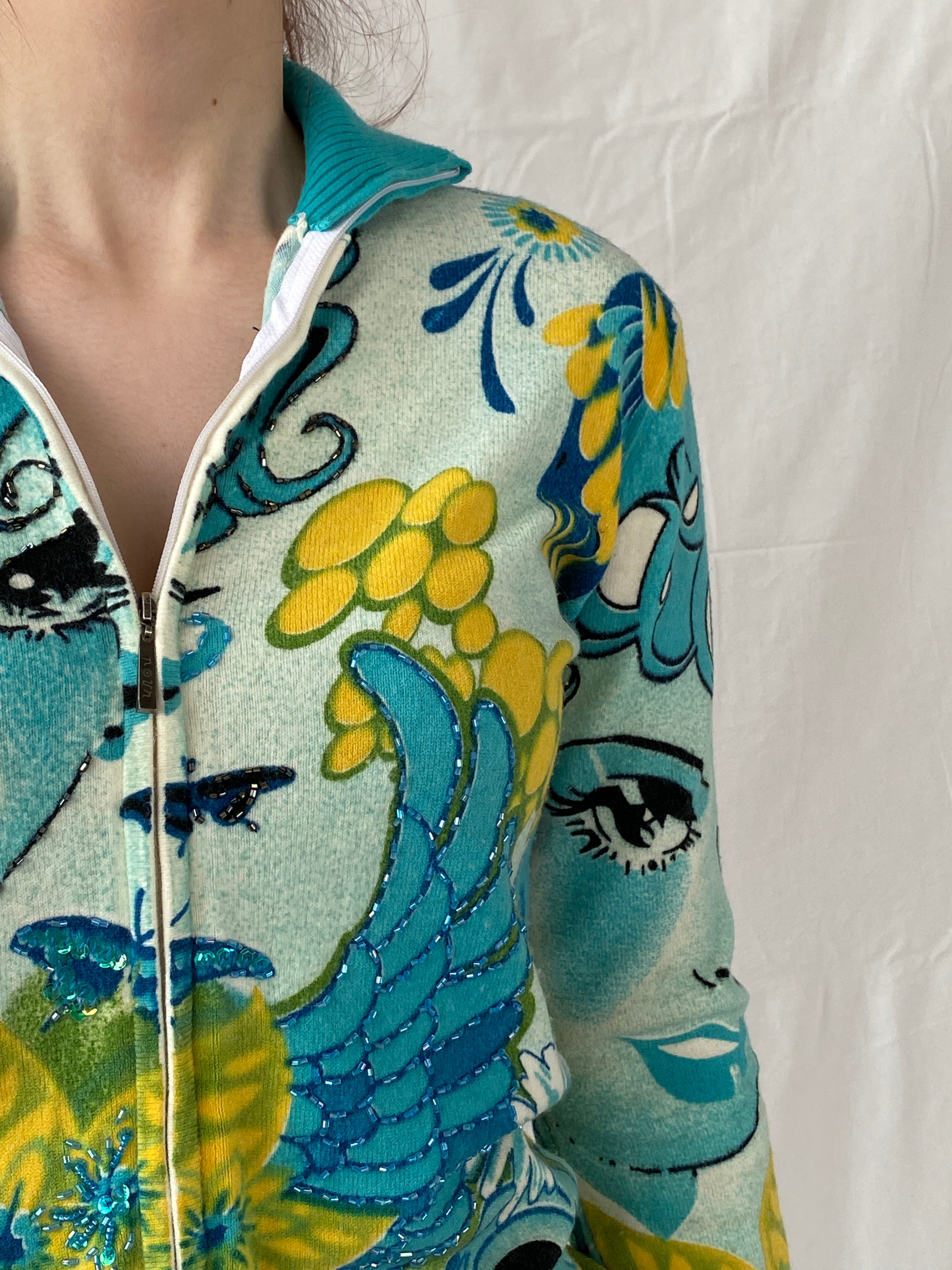 Rare Vintage Noun Paris Graphic Blue Beaded Zip Up Cardigan - M