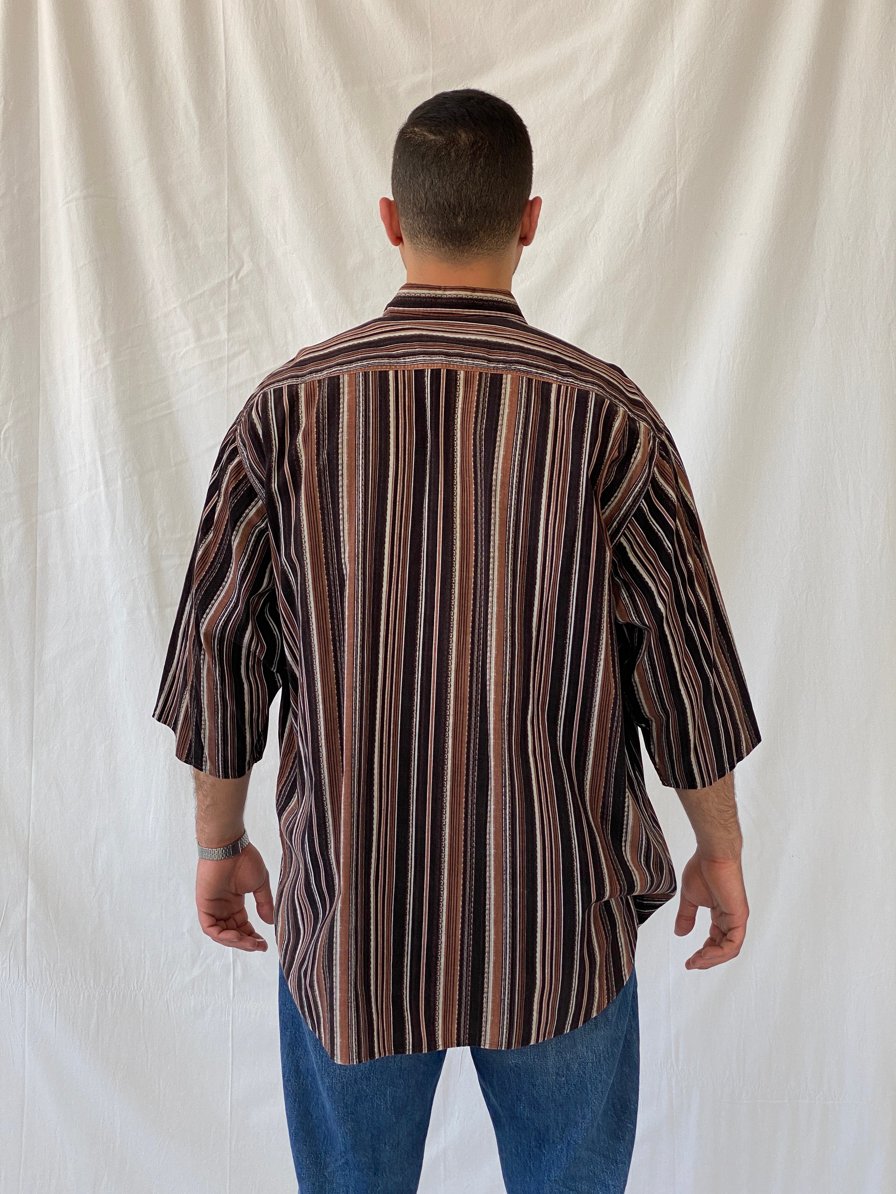 Vintage Him Collection Brown Striped Cotton Oversized Fit Corduroy Button Down Men’s Shirt - XL
