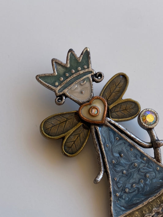 Vintage Whimsical Fairy Princess Enamel Brooch with Rhinestone Wand