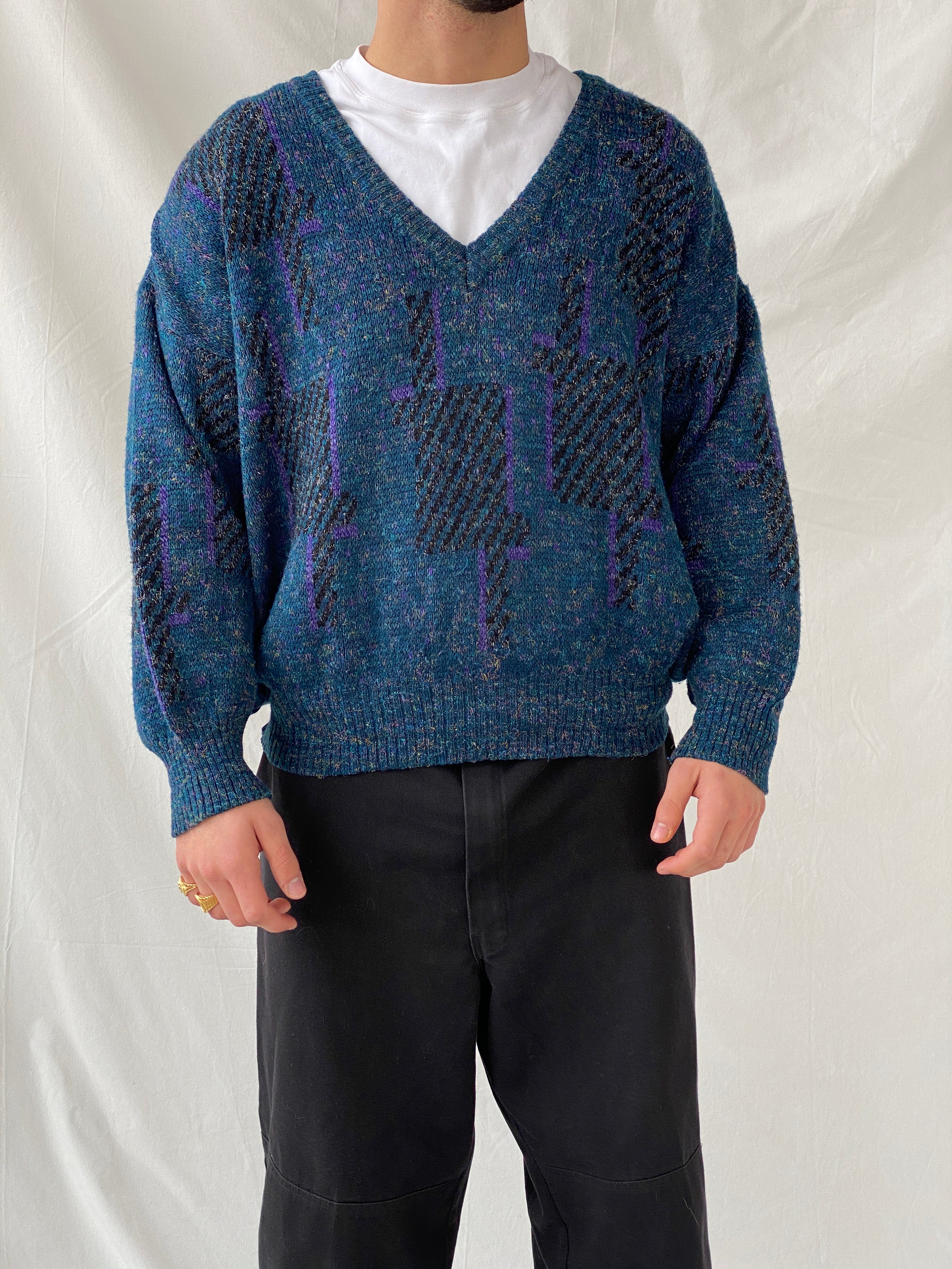 Vintage Retro 90s Angelo Litrico Blue Wool Blend V-Neck Sweater Pullover - XL