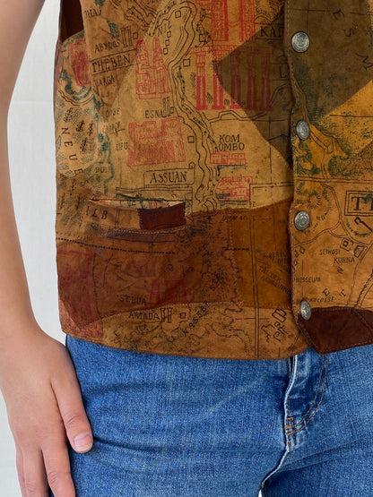 Vintage Rebel Craft Patchwork Suede Middle East Map Vest - L