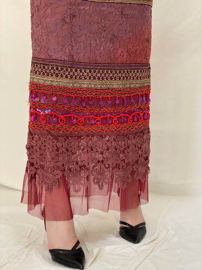BRITISHINDIA Limited Edition Embellished Lace Maxi Skirt with Beaded Panels & Side Slit -S