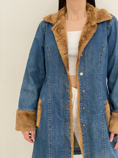 Y2K Luckystars Heavy Denim Coat with Brown Faux Fur Lining – L
